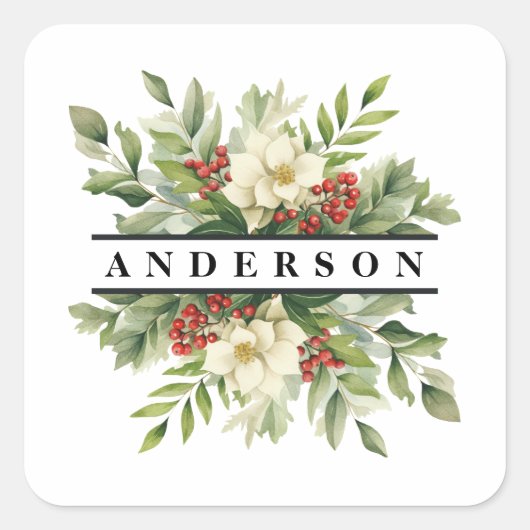 Kerst Botanische bloemen en bessen Vierkante Sticker (Voorkant)
