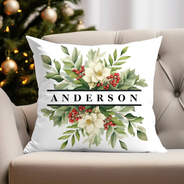 Kerst Botanische Bloemen Vakantie Seizoen Kussen (personalized christmas throw pillow with winter floral design for traditional holiday decor)