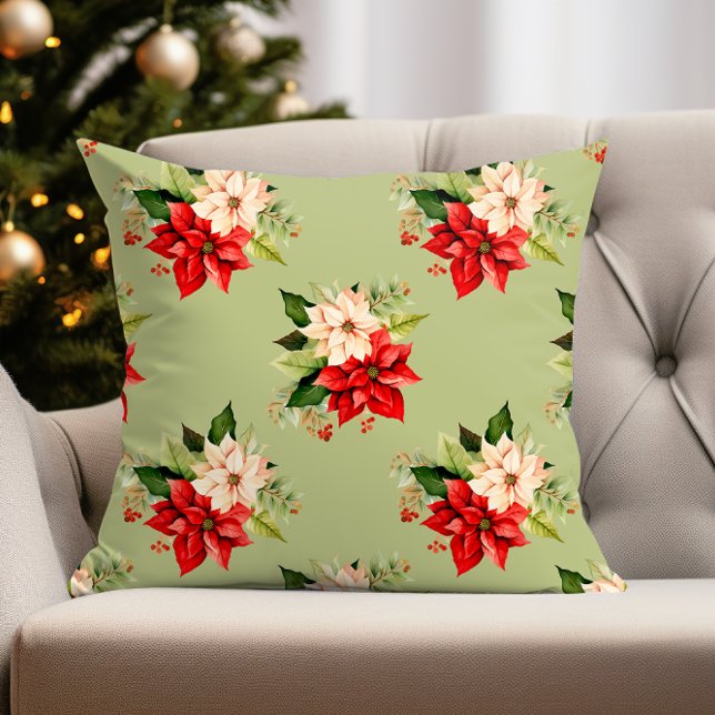 Kerst Botanische Elegantie met Poinsettia Kussen (poinsettia pillow perfect for christmas holiday decor)