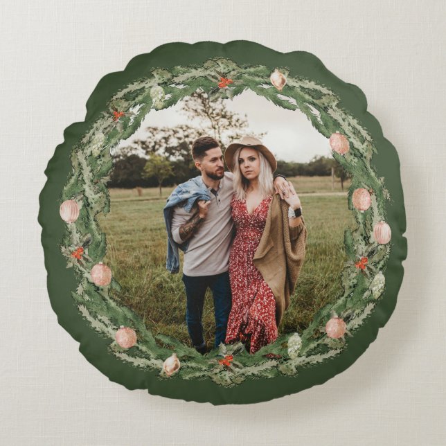 Kerst Botanische en Bloemen Groene Foto Rond Kussen (Voorkant)