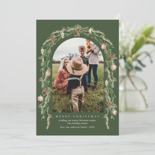 Kerst Botanische en Bloemengroen Fotokaart Feestdagenkaart (Staand voorkant)