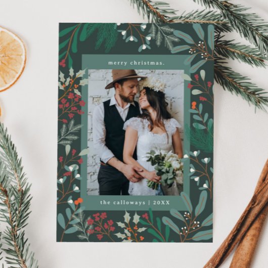 Kerst Botanische Groene Foto Vakantie Kaart