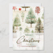 Kerst Botanische Groene Pijnbomen Rode Ornamenten Feestdagenkaart (Voorkant)