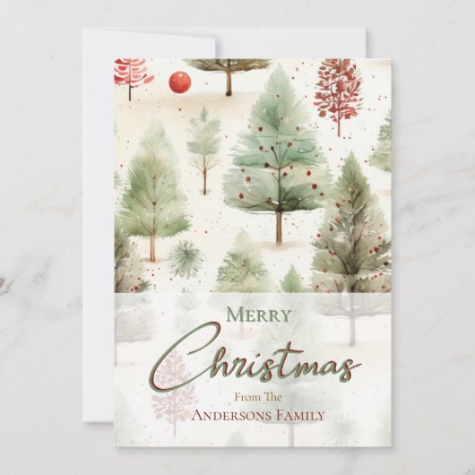 Kerst Botanische Groene Pijnbomen Rode Ornamenten Feestdagenkaart (Voorkant)