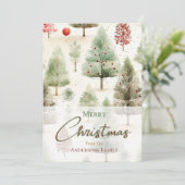 Kerst Botanische Groene Pijnbomen Rode Ornamenten Feestdagenkaart (Staand voorkant)