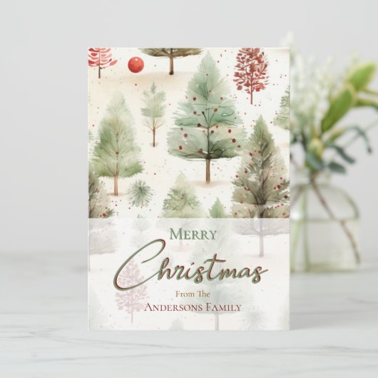 Kerst Botanische Groene Pijnbomen Rode Ornamenten Feestdagenkaart (Staand voorkant)