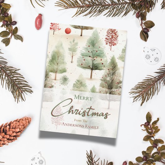 Kerst Botanische Groene Pijnbomen Rode Ornamenten Feestdagenkaart