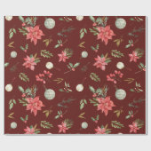Kerst Botanische Patroon Rood en Gouden Cadeaupapier (Vlak)