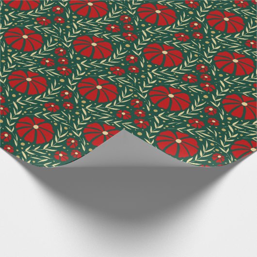 Kerst Botanische Rode en Groene Bloemen Cadeaupapier (Hoek)