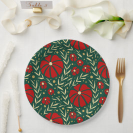 Kerst Botanische Rode en Groene Bloemen Papieren Bordje