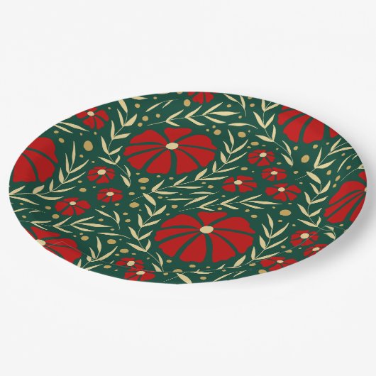 Kerst Botanische Rode en Groene Bloemen Papieren Bordje (Gekanteld)