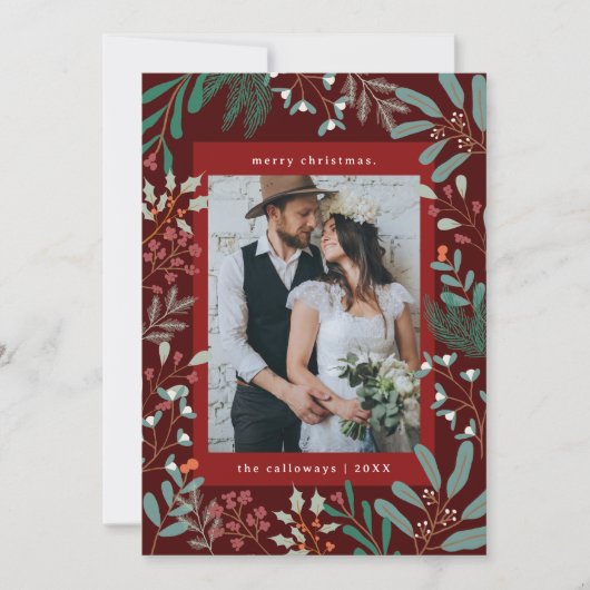 Kerst Botanische Rode Foto Vakantie Kaart (Voorkant)