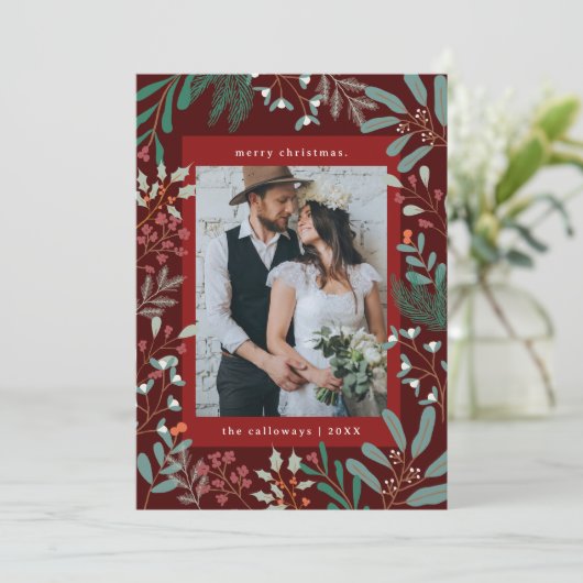 Kerst Botanische Rode Foto Vakantie Kaart (Staand voorkant)