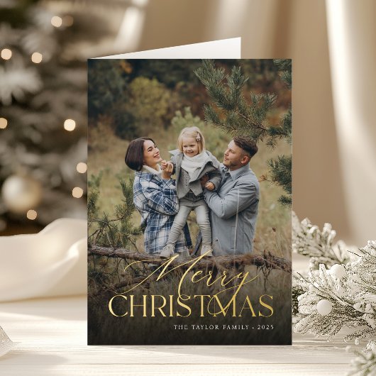 Kerst Botanische Verticale Foto Gevouwen Goud Folie Feestdagenkaart