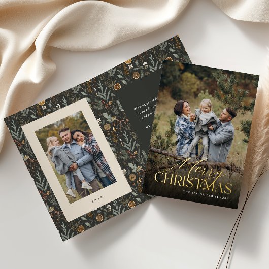 Kerst Botanische Verticale Foto Gevouwen Goud Folie Feestdagenkaart