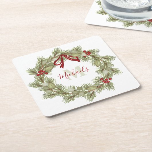 Kerst - Botanische witte rode monogram Kartonnen Onderzetters (Schuin)