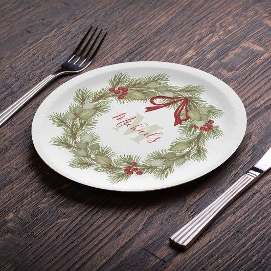 Kerst - Botanische witte rode monogram Papieren Bordje