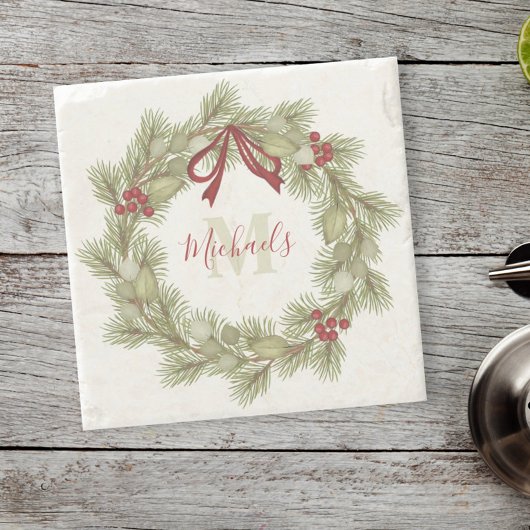 Kerst - Botanische witte rode monogram Stenen Onderzetter