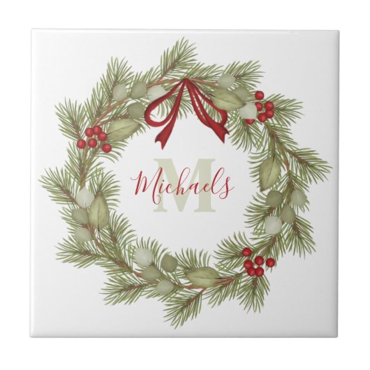 Kerst - Botanische witte rode monogram Tegeltje (Voorkant)