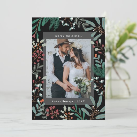 Kerst Botanische Zwarte Foto Vakantie Kaart (Staand voorkant)