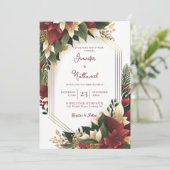 Kerst Bourgondië Goud Bloemen Poinsettia Bruiloft Kaart (Staand voorkant)