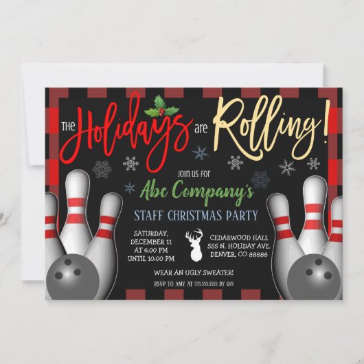 Kerst Bowling Feest Uitnodiging, Zakelijk Kaart (Voorkant)