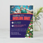 Kerst Bowling Night Blauwe Achtergrond Party Kaart (Staand voorkant)