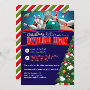 Kerst Bowling Night Blauwe Achtergrond Party Kaart