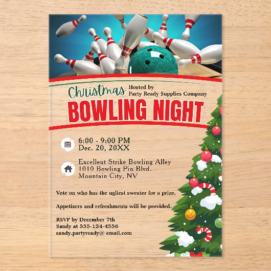 Kerst Bowling Night Decorated Tree Party Acryl Uitnodigingen (Voorkant)
