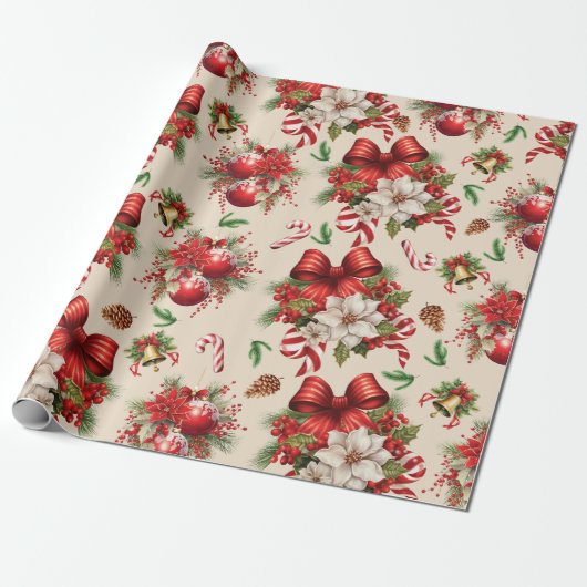 Kerst Bows Bells Bloemen Candy Cane Cadeaupapier (Uitgerold)
