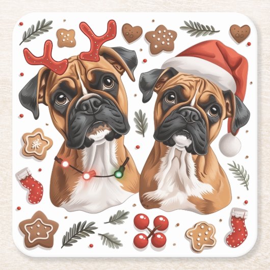 Kerst Boxer Dogs Kartonnen Onderzetters (Voorkant)