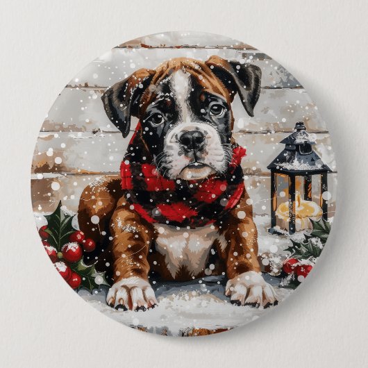 Kerst Boxer Puppy Ronde Button 4,0 Cm (Voorkant)