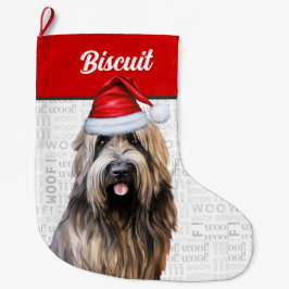 Kerst Briard Hond met Naam Woof Achtergrond Grote Kerstsok