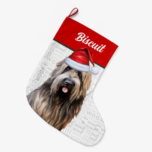 Kerst Briard Hond met Naam Woof Achtergrond Grote Kerstsok (Voorkant (Hangend))