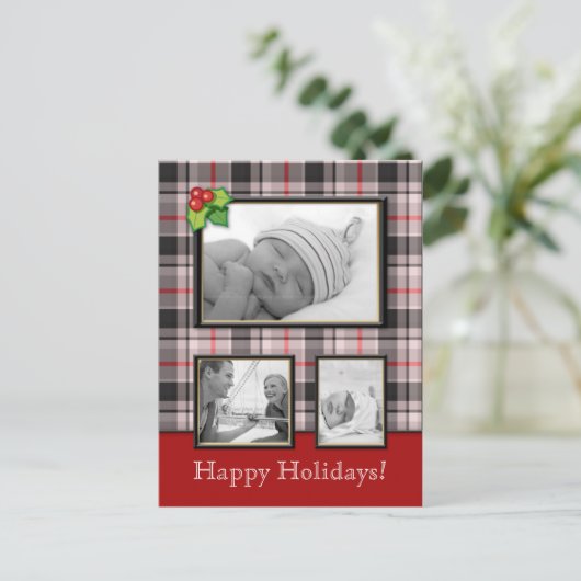 Kerst Briefkaart Custom Plaid Grijs Rood 3 (Staand voorkant)