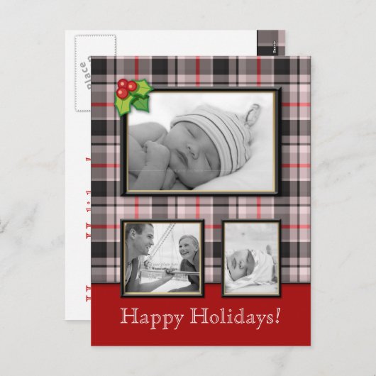 Kerst Briefkaart Custom Plaid Grijs Rood 3 (Voorkant / Achterkant)