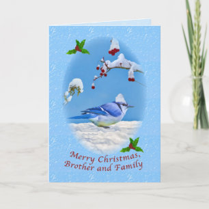 Kerst, broer en familie, blauwe vogel en sneeuw feestdagen kaart