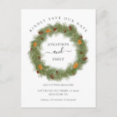 Kerst bruiloft dennen kegels Sinaasappel Save the Aankondigingskaart (Voorkant)