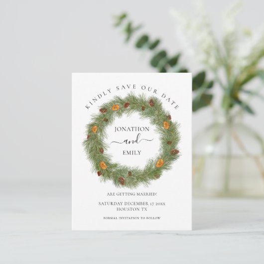 Kerst bruiloft dennen kegels Sinaasappel Save the Aankondigingskaart (Staand voorkant)