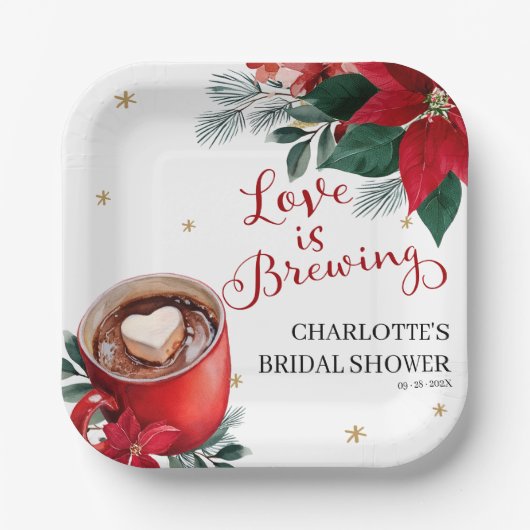 Kerst Bruiloft Feest met 'Love Is Brewing' Thema Papieren Bordje (Voorkant)