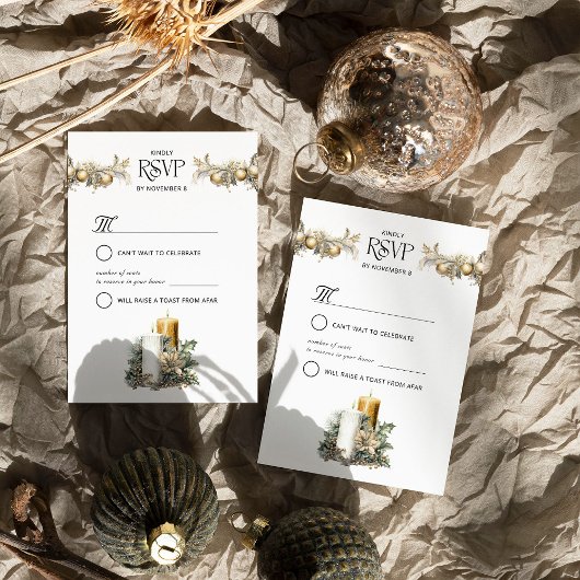 Kerst bruiloft Holly kaarsen en Ornamenten RSVP Kaartje