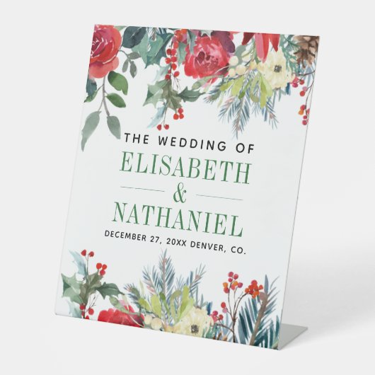 Kerst bruiloft paar namen welkom reclamebord met voetstuk (Voorkant)