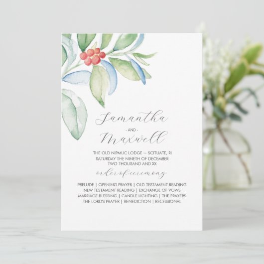 Kerst bruiloft programma's Elegant Winter groen (Staand voorkant)