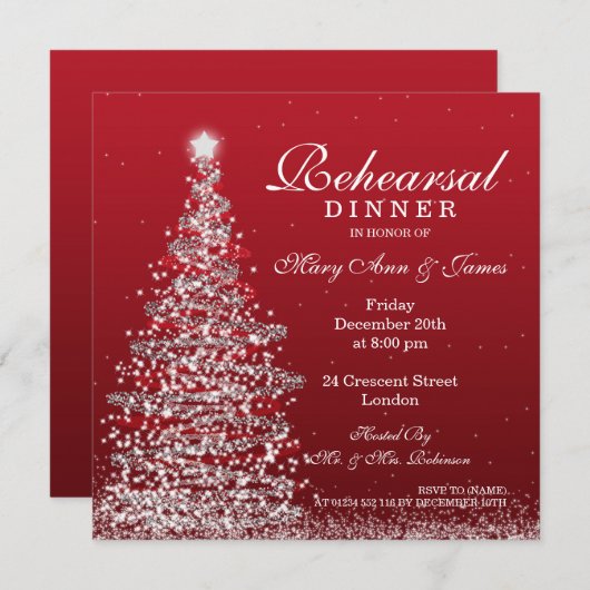 Kerst bruiloft repetitie diner rood zilver kaart (Voorkant / Achterkant)