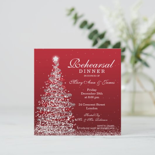 Kerst bruiloft repetitie diner rood zilver kaart (Staand voorkant)