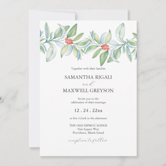 Kerst bruiloft uitnodiging Waterverf Botanicals (Voorkant)