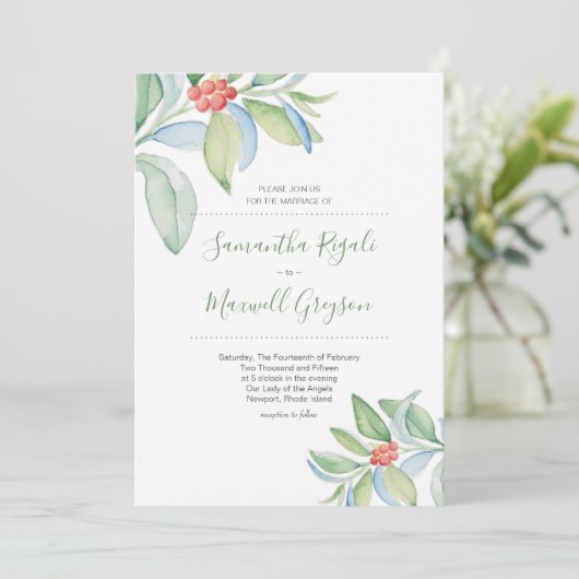 Kerst bruiloft uitnodiging Waterverf groen (Staand voorkant)