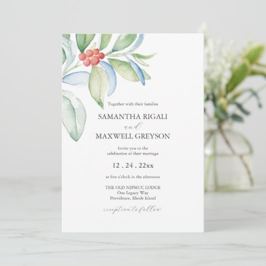 Kerst bruiloft uitnodiging Waterverf groen (Staand voorkant)