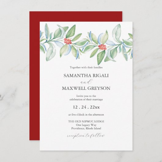 Kerst bruiloft uitnodiging Waterverf groen (Voorkant / Achterkant)