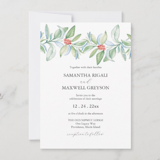 Kerst bruiloft uitnodiging Waterverf groen (Voorkant)